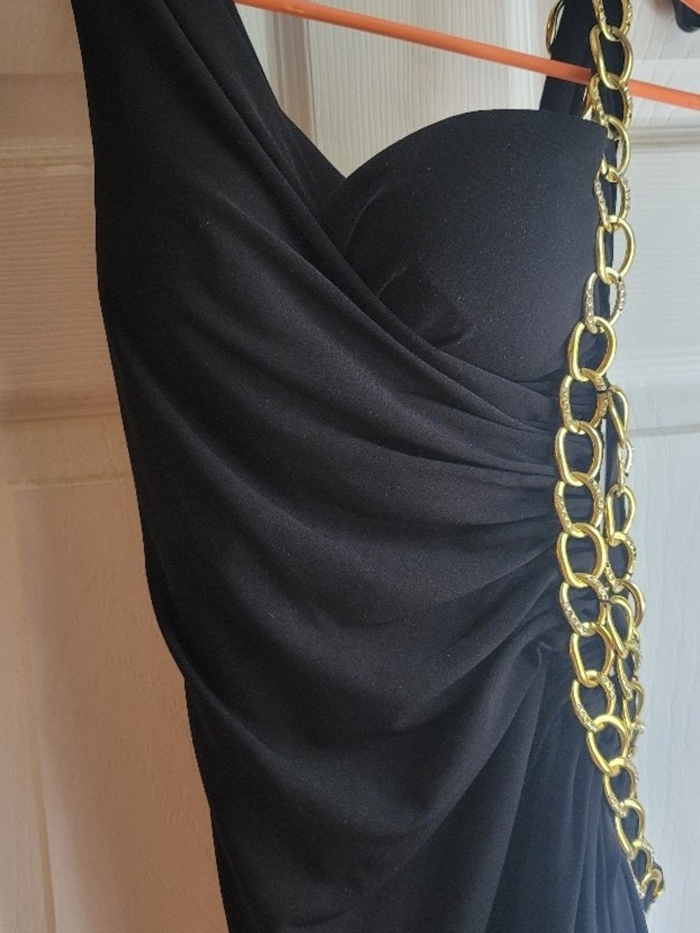 Black Draped One-Shoulder Dress with Gold Chain Detail